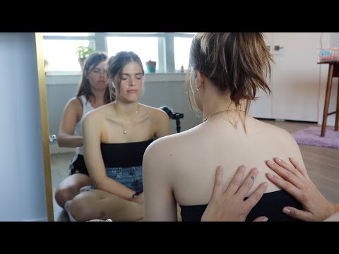 ASMR tingly back scratch and hair play with *double view mirror* on Katie
