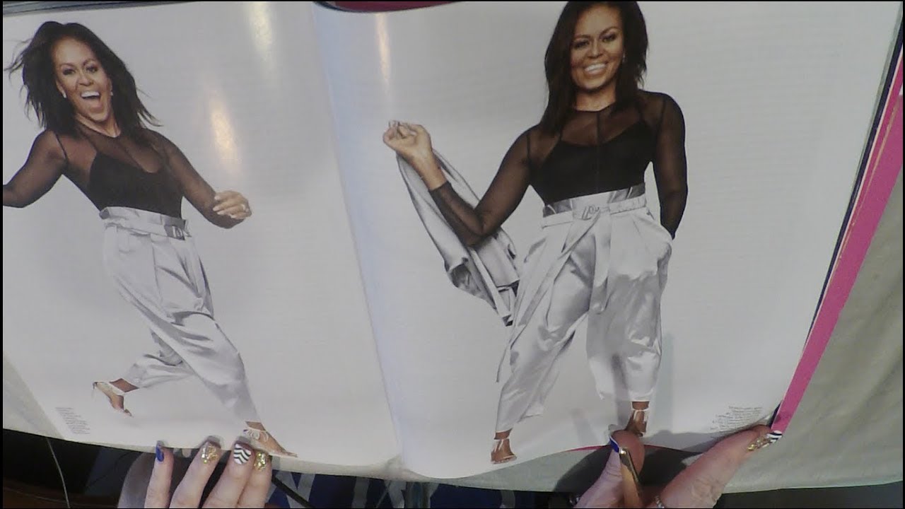 ASMR Michelle Obama Magazine Flip Through. Gum, Whisper, Brush, Tracing