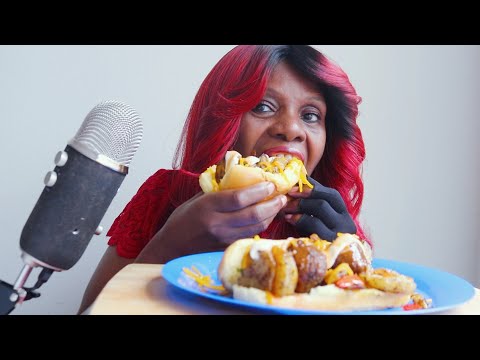 GRILL MEAT BALL ON HOT DOG ROLLS ASMR EATING SOUNDS