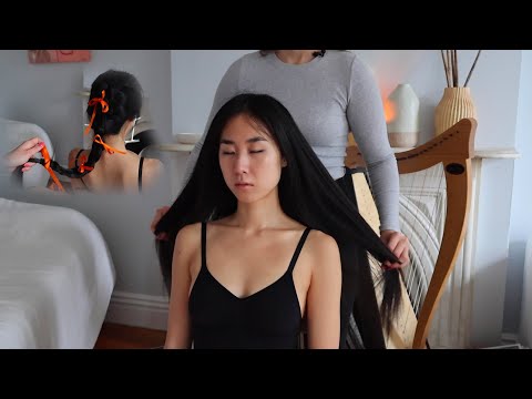ASMR relaxing hair play, braiding and brushing on Iris (travel series, whisper)