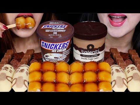 ASMR DANGO MOCHI BALLS, SNICKERS ICE CREAM TUB, TOKYO BANANA COFFEE MILK CAKES, FUDGE COOKIE TUB 먹방