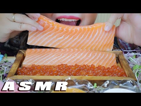 ASMR RAW SALMON PIECE AND SALMON ROE CAVIAR , CHEWY POPPING EATING SOUNDS | LINH-ASMR