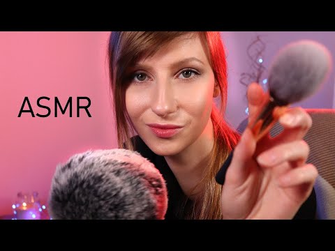 ASMR Brushing Your Face + slow close up whispering, hand movements, face touching, fluffy mic