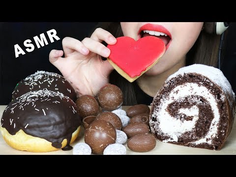 ASMR DONUTS, CHOCOLATE ROLL, COOKIES & HEART SHAPED CAKE (EATING SOUNDS) No Talking MUKBANG 먹방