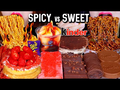 ASMR SPICY VS SWEET FOOD (NOODLES, ICE CREAM, CAKE, FLAMIN HOT CHEETOS, MANGONADA, TAKIS, KINDER 먹방