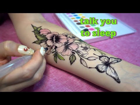 ASMR TRACING AND COLORING A TATTOO, relaxing rambling, the gentle sounds of rain