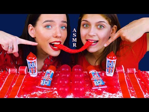 ASMR RED FOOD PARTY FRUIT BY THE FOOT, JELLY BALLS, CANDY SPRAY, GUMMY LIPS 먹방  LiLiBu ASMR