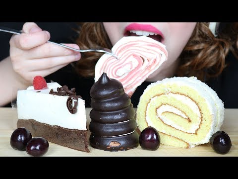ASMR CREPE ROLL, CHOCOLATE CREAM CAKE, SWISS ROLL & Cherries (SOFT Eating Sounds) No Talking
