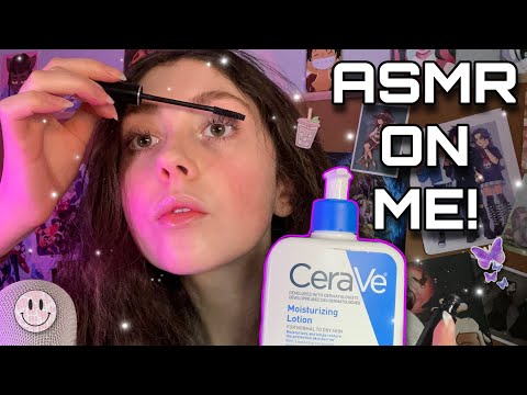 asmr on me ~ Doing My Skincare and Makeup ( skin sounds, lotion sounds )