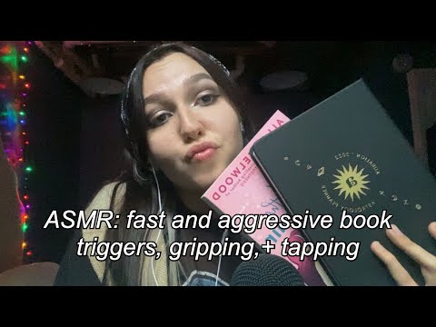 ASMR | fast and aggressive book triggers (sticky tapping, gripping, + hand sounds)