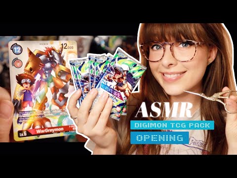 ASMR 👾 Digimon Booster Pack Opening! •⩊• Whisper Ramble, Crinkles & Tracing & Finger Pad Tapping!