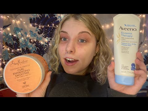 ASMR│my skin and hair care products!(helping out eczema and curly girls) 💁🏼‍♀️