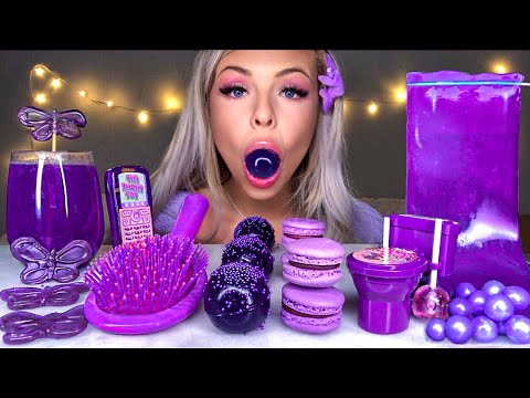 MOST POPULAR FOOD FOR ASMR *PURPLE FOOD* BUTTERFLY TEA, SHEET JELLY, HAIR BRUSH, CANDY MUKBANG 먹방