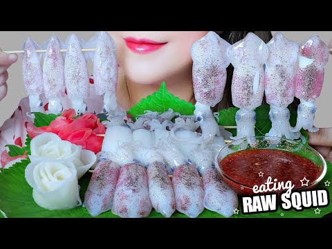 ASMR EATING RAW SQUIDS X SPICY SAUCE CHEWY EATING SOUNDS | LINH-ASMR