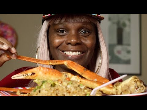 LEFT OVER DINNER CRAB LEG FRIED RICE  HUSHPUPPIES ASMR EATING SOUNDS