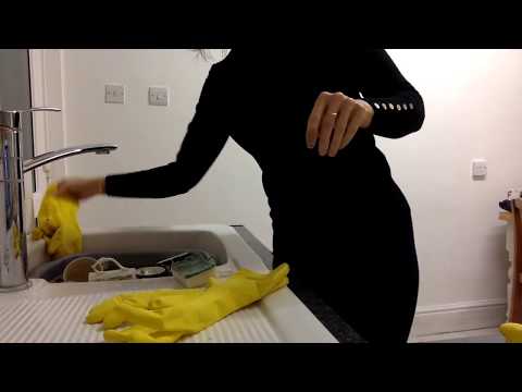 ASMR Mummy New Year Pot Wash and Dry Wearing Yellow Rubber Marigold Gloves
