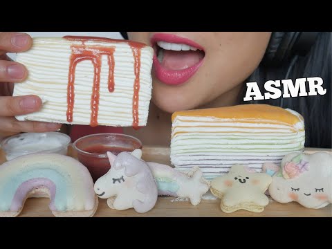 ASMR CREPE CAKE + RAINBOW UNICORN MACARON (SOFT CRUNCHY EATING SOUNDS) NO TALKING | SAS-ASMR