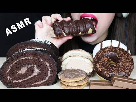 ASMR MAXI CHOCOLATE SWISS ROLL, DONUTS & CREAM STUFFED PUFF PASTRY (EATING SOUNDS) No Talking