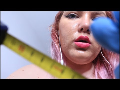 ASMR face measuring, glove and writing sounds, face massage, soft spoken close up whispers