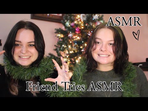 My Friend Tries ASMR! | whispering, mic brushing, hand sounds, book sounds, tapping
