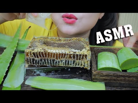 ASMR HONEYCOMB WITH ALOE VERA , STICKY SLIMY CHEWY EATING SOUNDS | LINH-ASMR