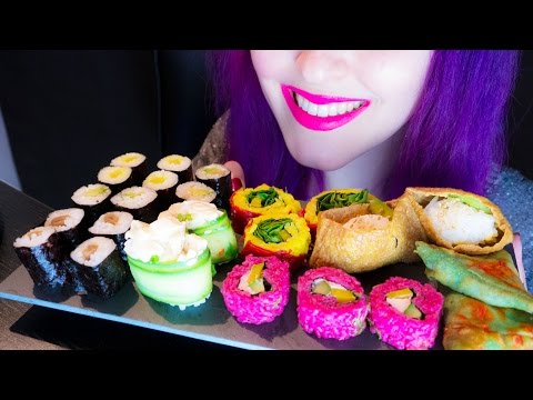 MUKBANG-ASMR: Colorful Sushi Plate & First Time Talking! Q&A 50K ~ Relaxing Eating Sounds [Vegan] 😻