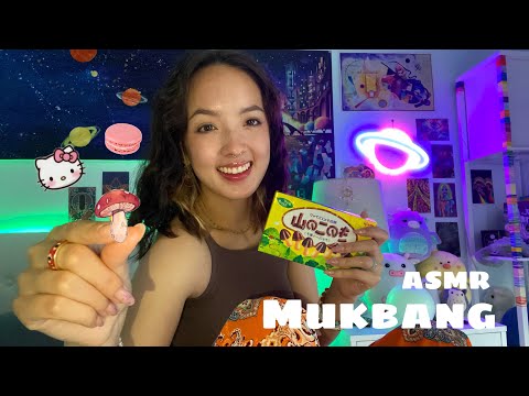 ASMR | MUKBANG (mouth sounds and chewing) + hand sounds • cute snack haul! •