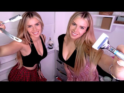 ASMR GIRLS NEXT DOOR SHAVE YOU (haircut, beard trimming, personal attention)