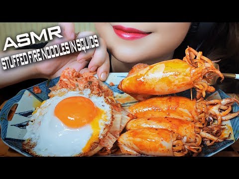 ASMR COOKING EATING STUFFED FIRE NOODLES IN SQUIDS AND EXTREMELY SPICY SAMYANG SAUCE | LINH ASMR