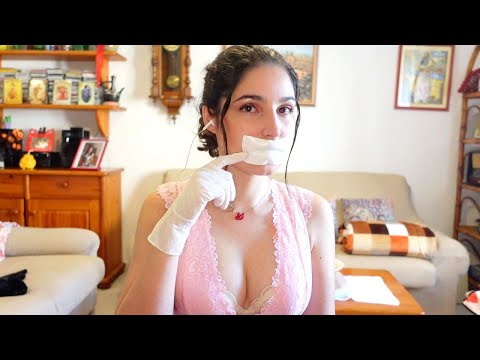 ASMR COVERING MY MOUTH WITH GLOVED HAND and TAPE on my lips (sticky mouth sounds, hand movements)