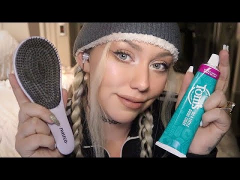 ASMR 💜 Friend Pampers You in bed (Skin Care, Hair Play, Teeth Brushing) Layered Sounds