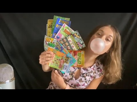 ASMR | blowing bubble gum & scratching tickets, whispering | very relaxing