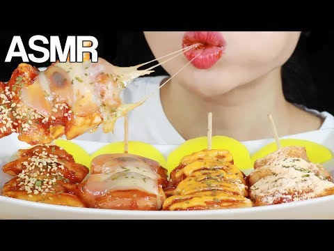ASMR SAUSAGE RICE CAKE SKEWERS KOREAN STREET FOOD EATING SOUNDS MUKBANG