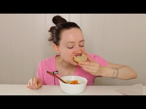 ASMR Whisper Eating Sounds | Vegetable Soup, Bread Roll & Mango