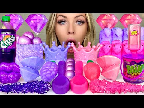 ASMR PINK & PURPLE FOOD* EDIBLE CROWN, CRYSTAL ICE, GRAPE SODA MUKBANG 먹방