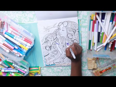 MIX MARKERS CRAYONS MERMAID COLORING | ASIAN SNACK ASMR EATING SOUNDS
