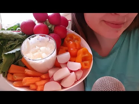 ASMR mukbang eating a veggie platter with onion dip crunchy eating sounds