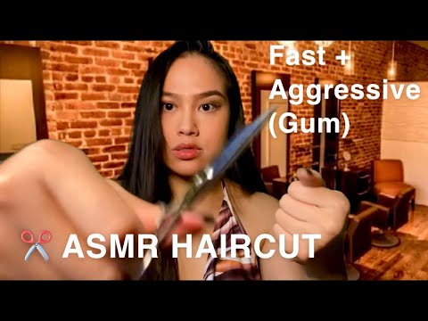 ASMR: *TINGLY* Fast and Aggressive Haircut Roleplay | Gum Chewing | Hair Salon ✂️ | Hair Brushing |