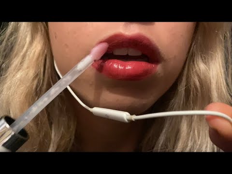 ASMR lofi lipstick/gloss application / whispering / mouth sounds (up close)