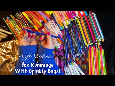 ASMR Pencil & Pen Rummage (SoftSpoken) Life chat/Sorting & organizing/Pencil pouch crinkles!