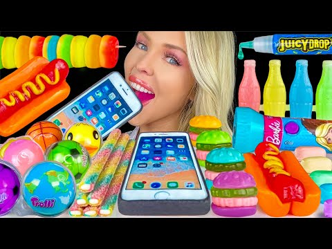 ASMR RAINBOW DESSERTS MUKBANG, HOTDOG GUMMY, IPHONE COOKIE, JUICY DROP TAFFY, PEACH GUMMY 먹방