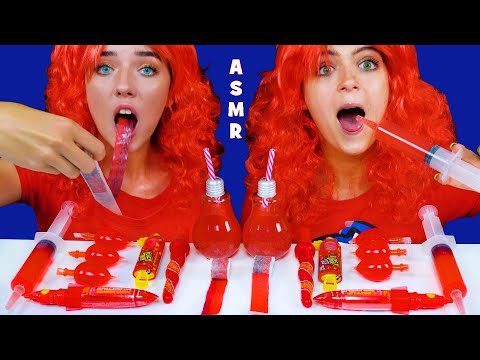 ASMR RED FOOD PARTY FRUIT BY THE FOOT RACE, JELLO SHOOTER, SOUR CANDY SPRAY
