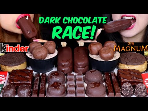 ASMR DARK CHOCOLATE RACE! MAGNUM ICE CREAM BARS, CHOCOLATE CAKE, CREAM PUFFS, MARSHMALLOW, KITKAT 먹방
