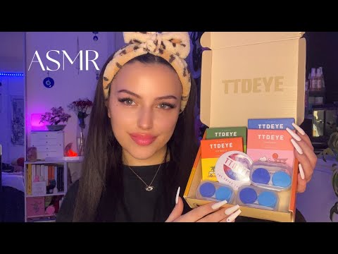 ASMR ~ coloured contacts try on & unboxing! (tapping, whispering, mouth sounds) *brown eye friendly*