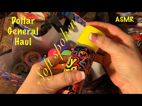 ASMR Dollar General shopping haul (Soft spoken)Plastic crinkles/lids/various sounds.