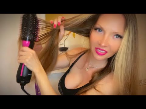 ASMR Hair Styling, Drying, Soft Whispering for Relaxation #hairstyling #hairdryersound #longhair