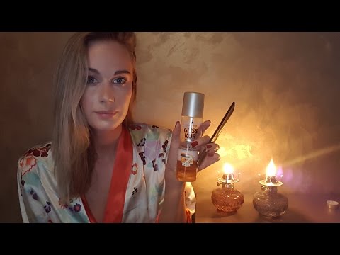 ASMR Candles and hair combing (soft spoken/whisper/tapping/sticky fingers/spray/personal attention)
