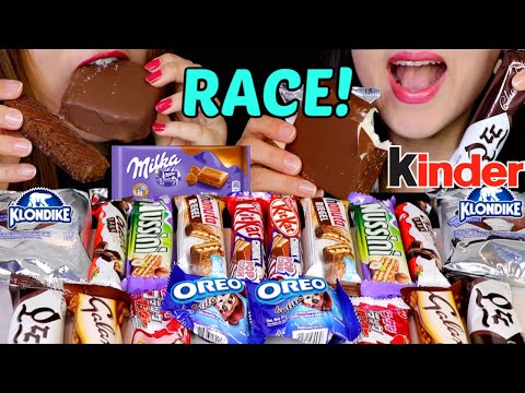 ASMR CHOCOLATE CANDY BAR RACE EATING (Oreo, KitKat, Milka, Klondike Ice Cream, Kinder, Galaxy Cake먹방