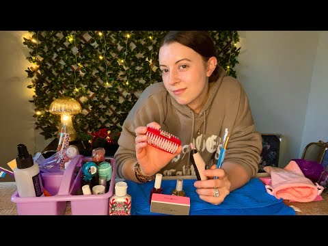 ASMR Doing Your Nails for the Christmas Party (brushing, rummaging, filing, & fabric sounds)