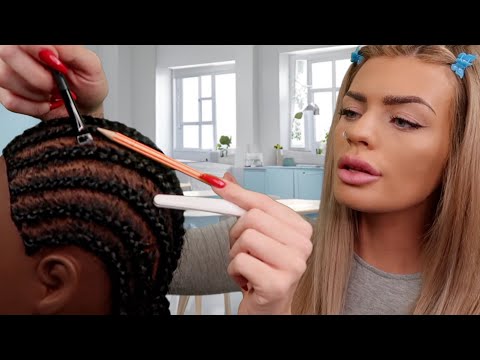 ASMR scratching your scalp between your itchy braids using random objects 💙 (hair play roleplay)